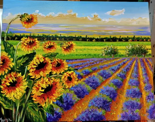 Quadro Paisagem Campo Girassóis e Lavanda Presente de Natal