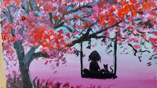 Quadro Paisagem Mulher Balanço Gato Árvore Presente de Natal