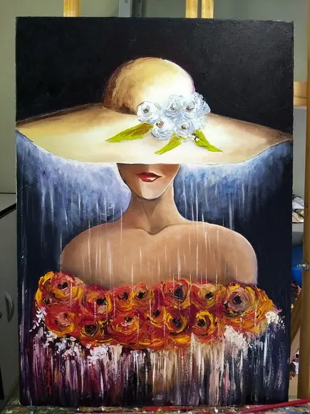 Quadro para Quarto Sala Pintura Tela Mulher de Chapéu Woman