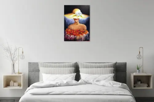 Quadro para Quarto Sala Pintura Tela Mulher de Chapéu Woman