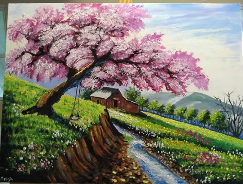 Quadro para Sala Pintura em Tela Campo Ipê Rosa Black Friday