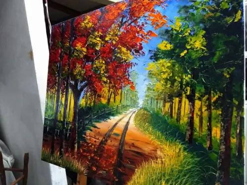 Quadro para Sala Pintura em Tela Paisagem Caminho Flamboyant