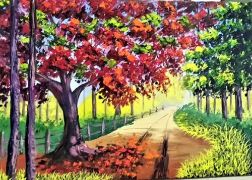 Quadro para Sala Pintura em Tela Paisagem Caminho Flamboyant