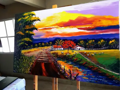 Quadro para Sala Pintura em Tela Paisagem Gado no Pasto
