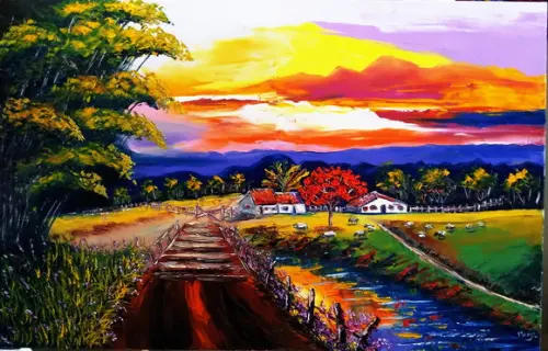 Quadro para Sala Pintura em Tela Paisagem Gado no Pasto