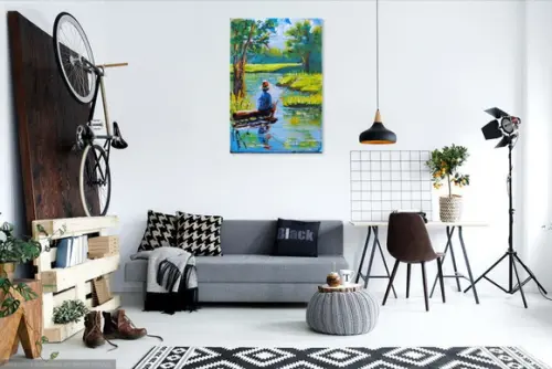 Quadro para Sala Pintura em Tela Paisagem Riacho Pescador