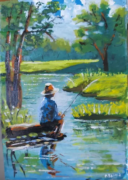 Quadro para Sala Pintura em Tela Paisagem Riacho Pescador