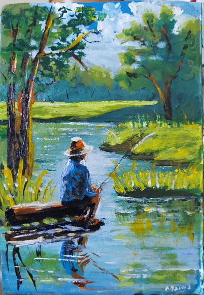 Quadro para Sala Pintura em Tela Paisagem Riacho Pescador