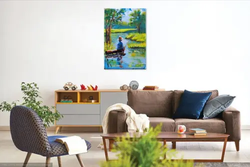 Quadro para Sala Pintura em Tela Paisagem Riacho Pescador