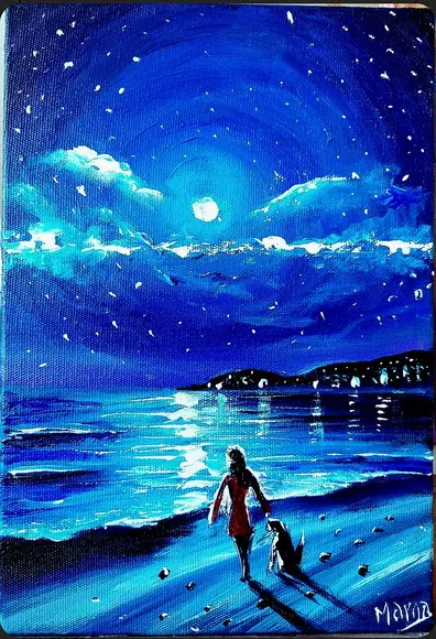 Quadro para Sala Pintura Tela Mar Luar na Praia Black Friday