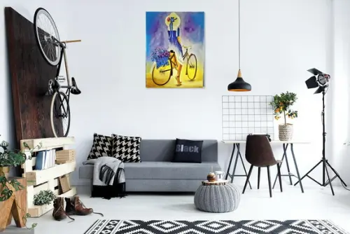 Quadro para Sala Pintura Tela Mulher Bike Black Friday
