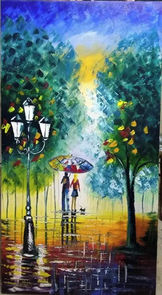 Quadro para Sala Pintura Tela Paisagem Moderno Casal com Cão