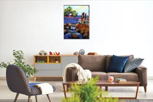 Quadro para Sala Pintura Tela Paisagem Campo de Flores Azuis