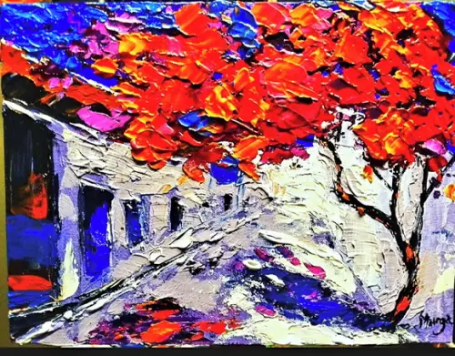 Quadro para Sala Pintura Tela Paisagem Urbana Flamboyant