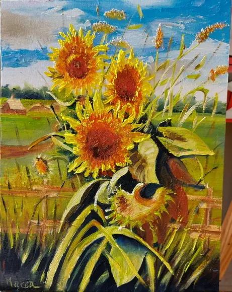 Quadro Pintado à Mão em Óleo Sobre Tela Girassóis