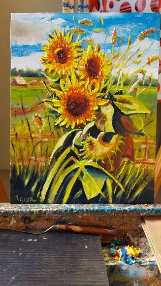 Quadro Pintado à Mão em Óleo Sobre Tela Girassóis