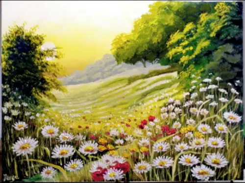Quadro Pintura Amanhecer Campo de Margaridas Black Friday
