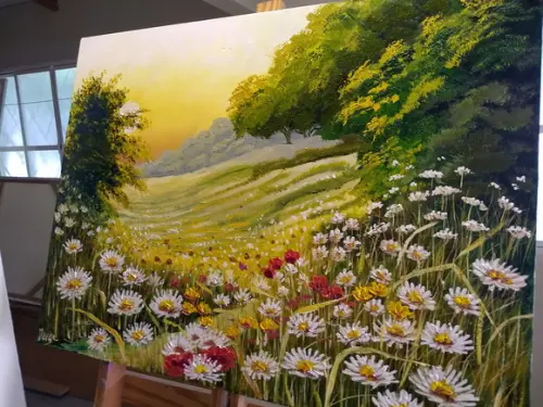 Quadro Pintura Amanhecer Campo de Margaridas Black Friday