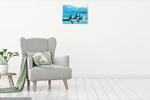 Quadro Pintura em Tela Animais Peixes Golfinhos Nadando Mar
