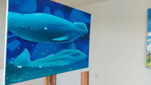 Quadro Pintura em Tela Animais Peixes Golfinhos Nadando Mar