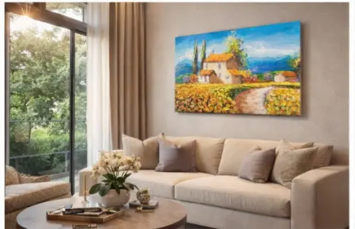 Quadro Pintura em Tela Paisagem Campo de Flores Amarelas
