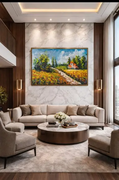 Quadro Pintura em Tela Paisagem Campo de Flores Amarelas
