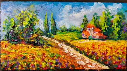 Quadro Pintura em Tela Paisagem Campo de Flores Amarelas