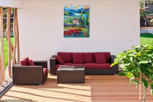 Quadro Pintura em Tela Paisagem Campo de Flores Vermelhas