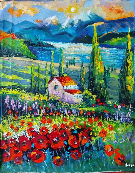 Quadro Pintura em Tela Paisagem Campo de Flores Vermelhas