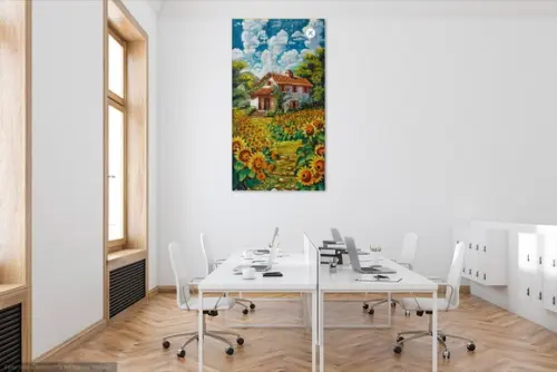 Quadro Pintura em Tela Paisagem Casa Campo de Girassóis