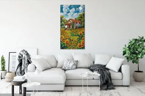 Quadro Pintura em Tela Paisagem Casa Campo de Girassóis