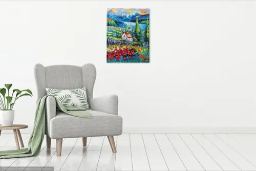 Quadro Pintura em Tela Paisagem Campo de Flores Vermelhas