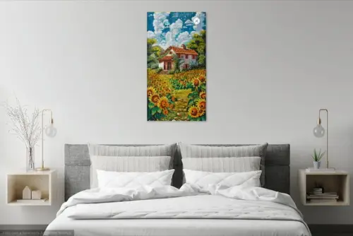 Quadro Pintura em Tela Paisagem Casa Campo de Girassóis