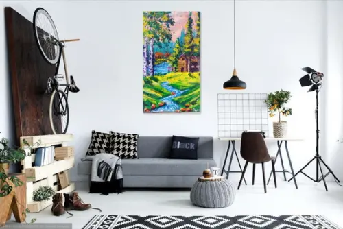 Quadro Pintura em Tela Paisagem Casa de Campo Bétulas