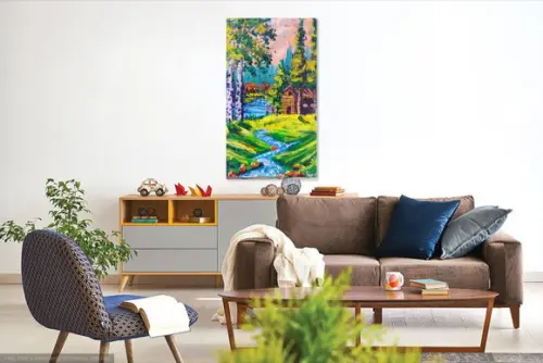 Quadro Pintura em Tela Paisagem Casa de Campo Bétulas