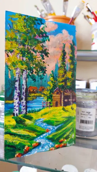 Quadro Pintura em Tela Paisagem Casa de Campo Bétulas
