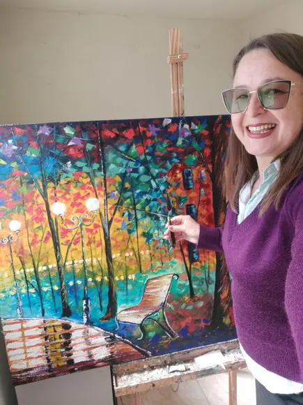 Quadro Pintura em Tela Paisagem Familia Passeando no Parque