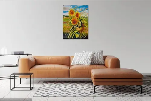 Quadro Pintura em Tela Paisagem Floral Girassóis no Campo