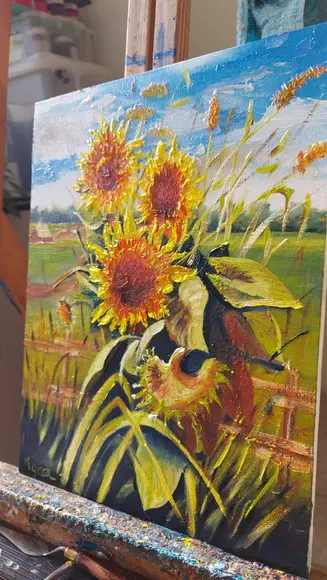 Quadro Pintura em Tela Paisagem Floral Girassóis no Campo