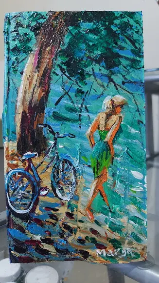 Quadro Pintura em Tela Paisagem Mar Bicicleta Mulher Praia