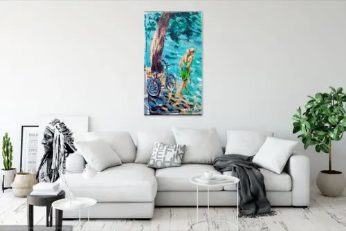 Quadro Pintura em Tela Paisagem Mar Bicicleta Mulher Praia