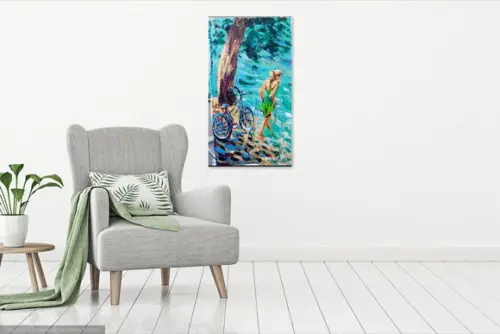 Quadro Pintura em Tela Paisagem Mar Bicicleta Mulher Praia