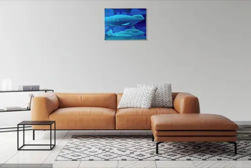 Quadro Pintura em Tela Paisagem Marina Golfinhos Peixes Mar