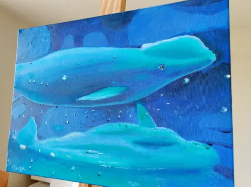 Quadro Pintura em Tela Paisagem Marina Golfinhos Peixes Mar