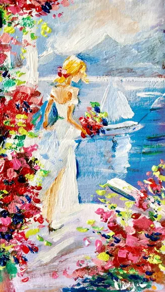 Quadro Pintura em Tela Paisagem Marina Mulher Casa de Praia