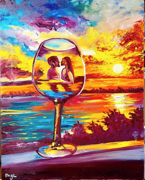 Quadro Pintura em Tela Paisagem Marina Por do Sol Vinho