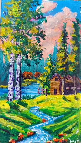 Quadro Pintura em Tela Paisagem Rural Montanhas Bétulas