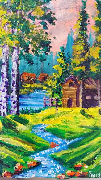 Quadro Pintura em Tela Paisagem Rural Montanhas Bétulas