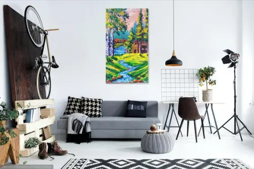 Quadro Pintura em Tela Paisagem Rural Montanhas Bétulas