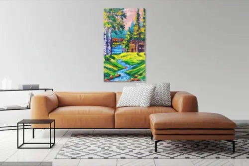 Quadro Pintura em Tela Paisagem Rural Montanhas Bétulas
